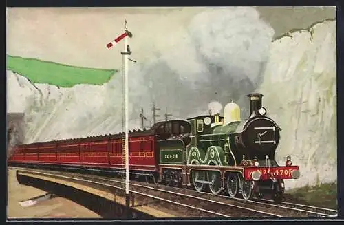 Künstler-AK SECR, 4-4-0 No. 470 passing Shakespeare Cliff, Dover, with a down train