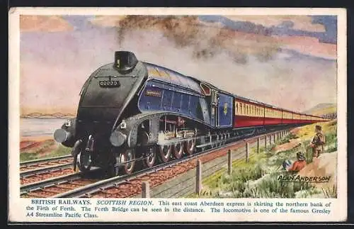 Künstler-AK Scottish Region, Lokomotive No. 60009 der British Railways, East Coast Aberdeen Express, englische Eisenbahn
