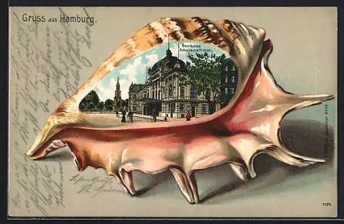 Passepartout-Lithographie Hamburg-St.Georg, Deutsches Schauspielhaus an der Kirchenallee, Ansicht auf Muschel