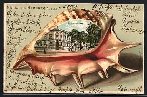 Passepartout-Lithographie Hamburg-Harburg, Partie in der Buxtehuder Strasse, Ansicht in der Muschel