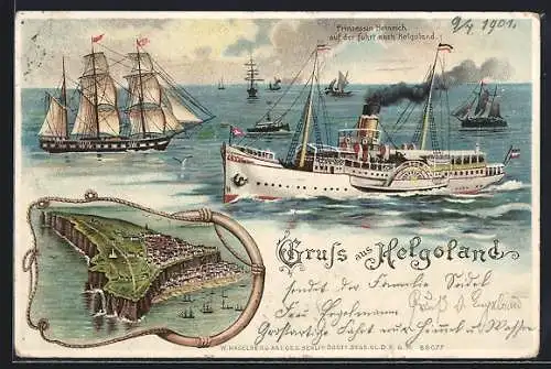 Lithographie Helgoland, Ortsansicht, Dampfer Prinzessin Heinrich auf der Fahrt nach dem Ort