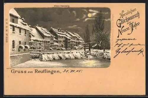 Winter-Lithographie Reutlingen, Klein-Venedig im Mondenschein