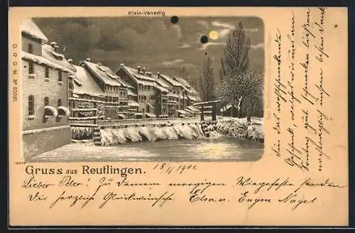 Winter-Lithographie Reutlingen, Klein-Venedig im Mondenschein