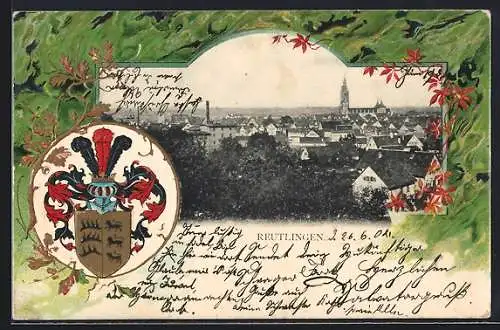 Passepartout-Lithographie Reutlingen, Gesamtansicht, Wappen