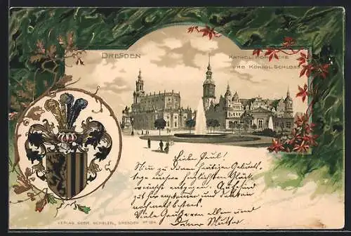 Passepartout-Lithographie Dresden, Kathol. Hofkirche und Königl. Schloss, Wappen