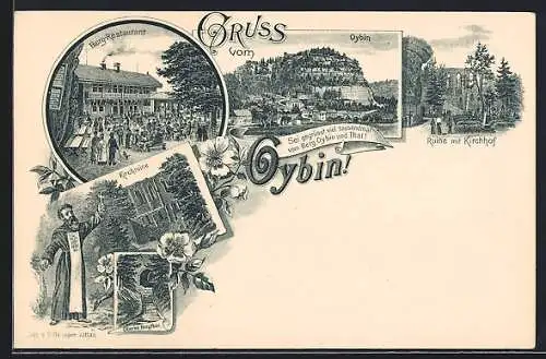 Lithographie Oybin, Berg-Restaurant, Ruine mit Kirchhof, Kirchruine, Oberes Burgthor, Ortsansicht