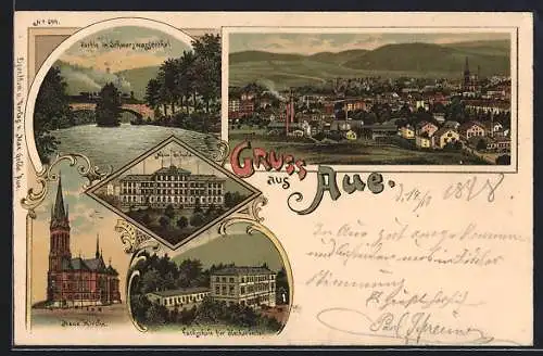 Lithographie Aue / Erzgebirge, Neue Schule, Neue Kirche und Fachschule für Blecharbeiter