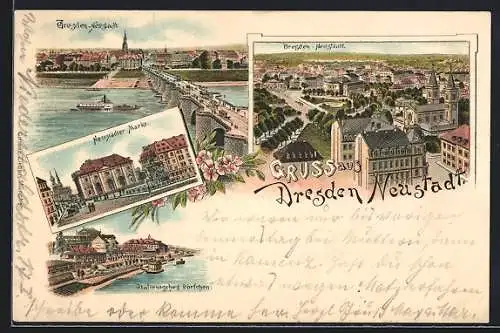 Lithographie Dresden-Neustadt, Neustädter Markt, Italienisches Dörfchen