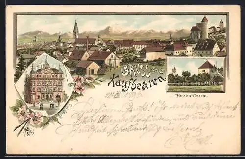 Lithographie Kaufbeuren, Rathaus, Hexenturm, Stadtpanorama