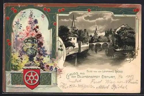 Passepartout-Lithographie Erfurt, Blick nach der Lehmanns Brücke, Blumenvase