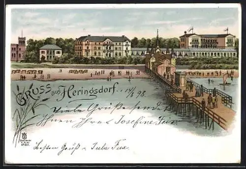 Lithographie Heringsdorf / Seebad, Seebrücke mit Strand und Ortspanorama