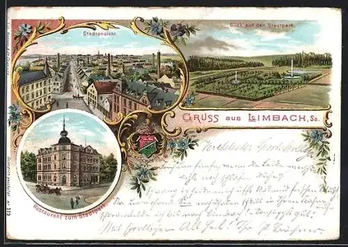 Lithographie Limbach / Sa., Restaurant zum Stadtpark, Park- und Stadtansicht