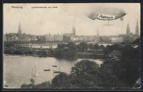 AK Hamburg, Lombardsbrücke mit Stadtpanorama von oben, Zeppelin mit Schriftzug Palmato Pflanzenbutter-Margarine