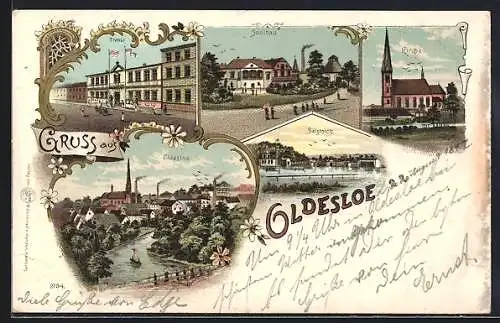 Lithographie Oldesloe, Tivoli mit Strasse, Gaststätte Saalbau, Ortsansicht, Salzteich