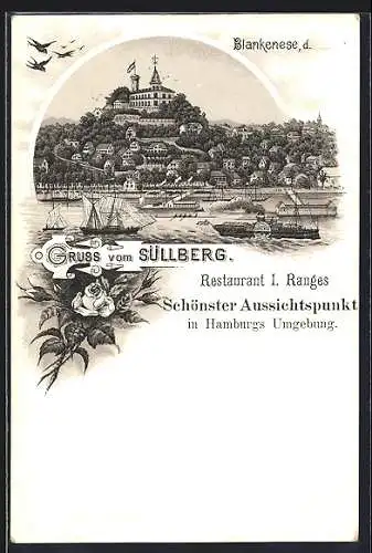 Lithographie Hamburg-Blankenese, Restaurant Süllberg, Ansicht vom Wasser aus, Dampfer, Segelschiff