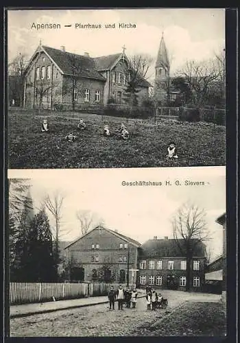 AK Apensen, Geschäftshaus H. G. Sievers mit Strasse, Pfarrhaus und Kirche