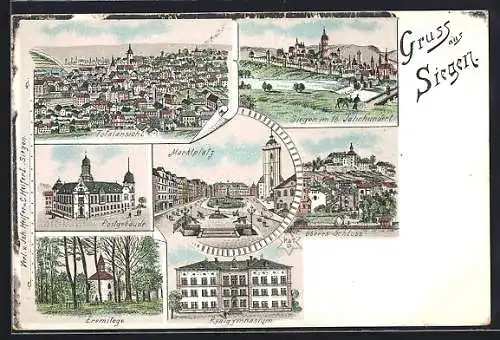 Lithographie Siegen, Marktplatz, Eremitage, Realgymnasium, Totalansicht, Siegen im 16. Jahrhundert