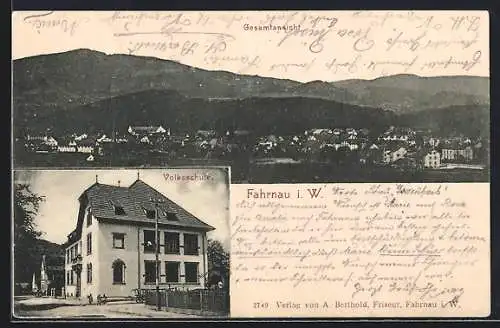 AK Fahrnau i. W., Volksschule, Gesamtansicht mit Bergpanorama