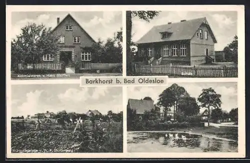 AK Barkhorst /Bad Oldesloe, Mühlenbetriebe W. F. Stoltenberg, Kolonialwaren H. Stoffers, Schule, Ortspartie mit Teich