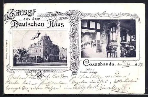 AK Cossebaude, Gasthof Deutsches Haus H. Gansauge mit Innenansicht, Ornamente