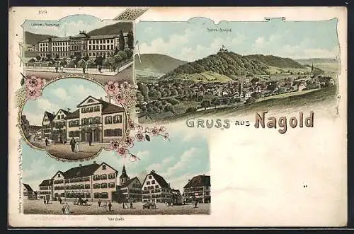 Lithographie Nagold, Strassenpartie mit Haus Gottlob Schmid, Vorstadt mit Gasthof zum Rössle E. Knodel, Ortsansicht