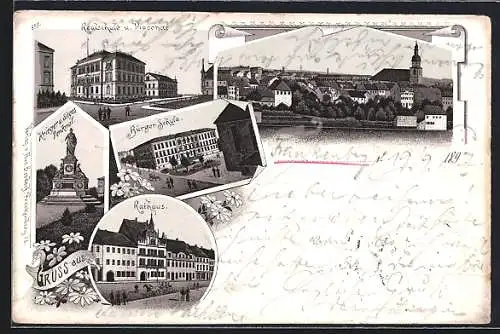 Lithographie Frankenberg / Sachsen, Bürgerschule, Rathaus, Realschule und Diaconat