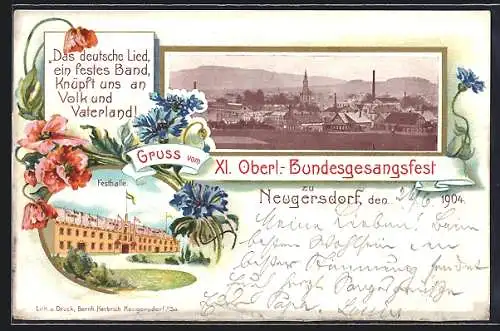 Lithographie Neugersdorf / Sachsen, XI. Oberl. Bundesgesangsfest 1904, Festhalle, Mohn- u. Kornblumen, Ortsansicht