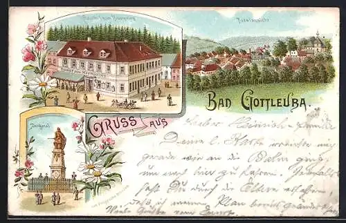 Lithographie Bad Gottleuba, Gasthof zum Kronprinz, Denkmal, Totalansicht