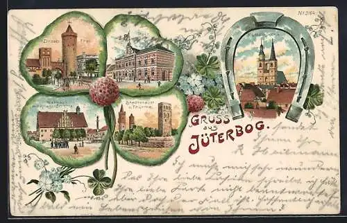 Passepartout-Lithographie Jüterbog, Strassenpartie am Zinnaer Tor, Post und Nicolaikirche, Kleeblatt und Hufeisen