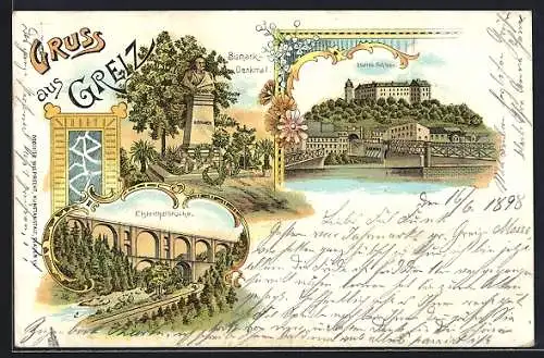 Lithographie Greiz, Elsterthalbrücke, Bismarck-Denkmal, Oberes Schloss