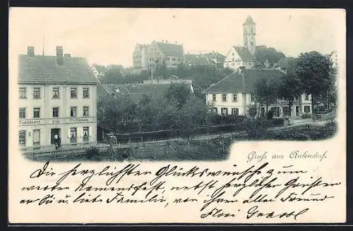 AK Aulendorf, Cafe-Konditorei C. Stumpp mit Strasse und Ortsansicht