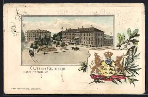 Passepartout-Lithographie Reutlingen, Hotel Kronprinz, Wappen