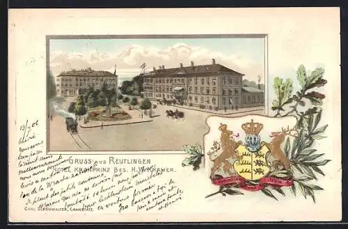 Passepartout-Lithographie Reutlingen, Hotel Kronprinz, Wappen