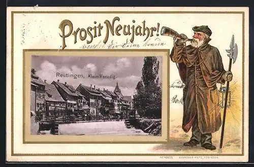 Passepartout-Lithographie Reutlingen, Klein-Venedig mit Wehr, Nachtwächter