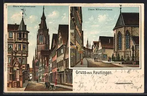 Lithographie Reutlingen, Untere - und Obere Wilhelmstrasse, Kirche