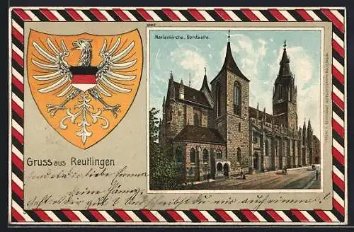 Passepartout-Lithographie Reutlingen, Marienkirche: Nordseite mit Strasse, Wappen