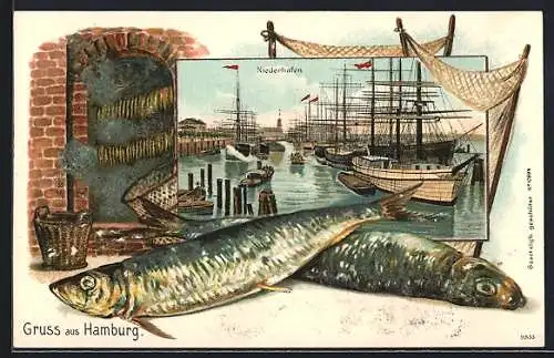 Passepartout-Lithographie Hamburg-Grasbrook, Schiffe im Niederhafen, Geräucherte Heringe