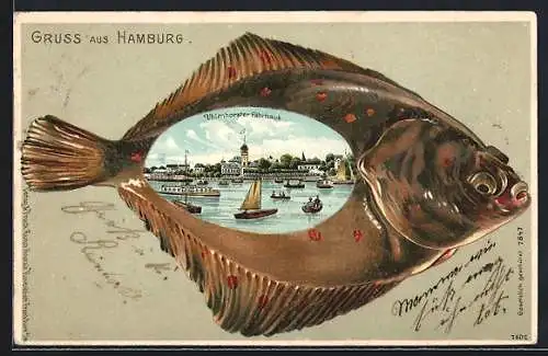 Passepartout-Lithographie Hamburg, Uhlenhorster Fährhaus vom Wasser, Schollen-Passepartout