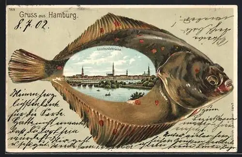 Passepartout-Lithographie Hamburg-Neustadt, Lombardsbrücke in einem Fisch