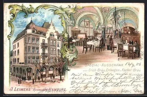 Lithographie Hamburg-Rotherbaum, Restaurant J. Leimers, Grindelallee Ecke Durchschnitt