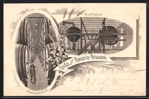 Lithographie Hamburg-Altona, Bavaria-Brauerei, Sudhaus, Lagerkeller No 14