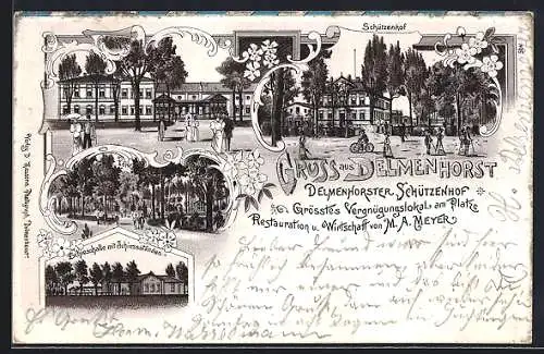 Lithographie Delmenhorst, Restaurant Delmenhorster Schützenhof von M. A. Meyer, dazu Schiesshalle