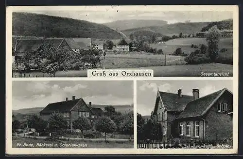 AK Orxhausen, Gesamtansicht, Fr. Bode Bäckerei und Colonialwaren und Schule