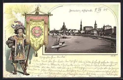 Passepartout-Lithographie Dresden, Uferpartie in der Altstadt mit Dampfer