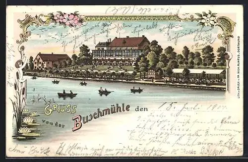 Lithographie Dortmund, Gasthaus Buschmühle und Boote