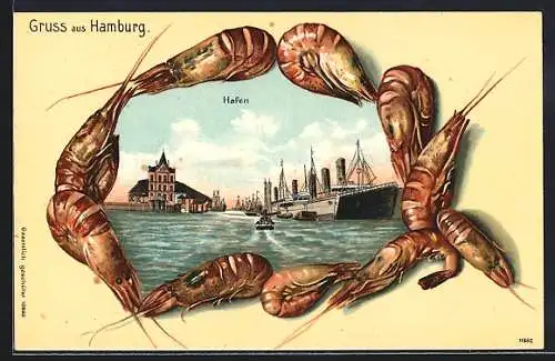 Passepartout-Lithographie Hamburg, Hafenansicht im Krabben-Passepartout