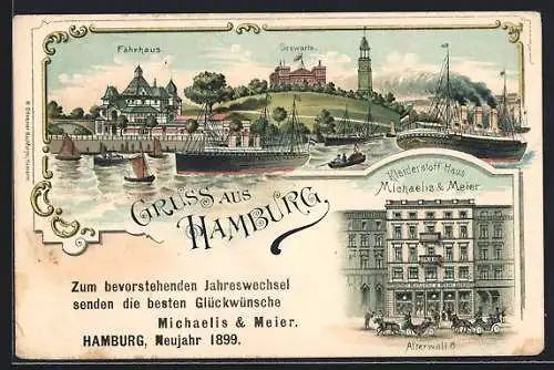 Lithographie Hamburg-St. Pauli, Gasthof Fährhaus, Kleiderstoff-Haus Michaelis & Meier, Alterwall 8