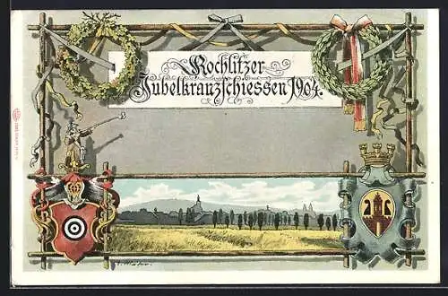 Lithographie Rochlitz, Jubelkranzschiessen 1904, Blick über Felder auf die Stadt