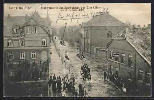 AK Elze / Esbeck, Hochwasser in der Bahnhofstrasse am 4.2.1909