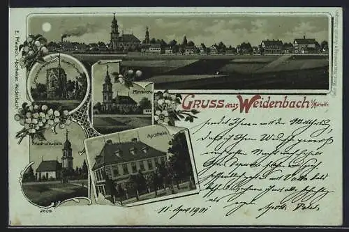 Mondschein-Lithographie Weidenbach / Mittelfranken, Apotheke, Friedhofskapelle, Kloster-Ruine Grossbreitenbrunn